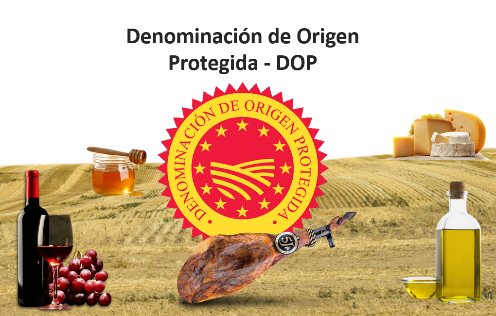 DOP- Denominaciones de Origen Protegido, jamon de jabugo, vino, queso, aceite y mie con denominación