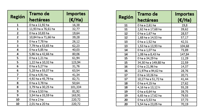 Importes que reciben los agricultores por el Pago Redistributivo PAC 2023 en función de la región